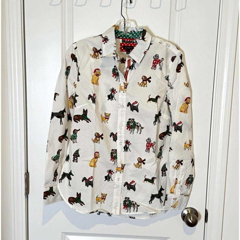 Talbots Women’s Small Christmas Holiday Dog Print Button Down Shirt NWT